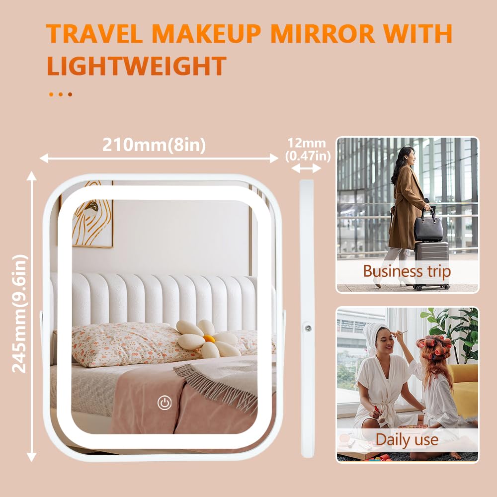 YEKKOPT Wiederaufladbarer Kosmetikspiegel mit Lichtern, 20,3 x 25,4 cm, 3-farbige Beleuchtung, tragbarer Make-up-Spiegel mit Touchscreen, verstellbare LED-Lichter, Schreibtischspiegel für Reisen