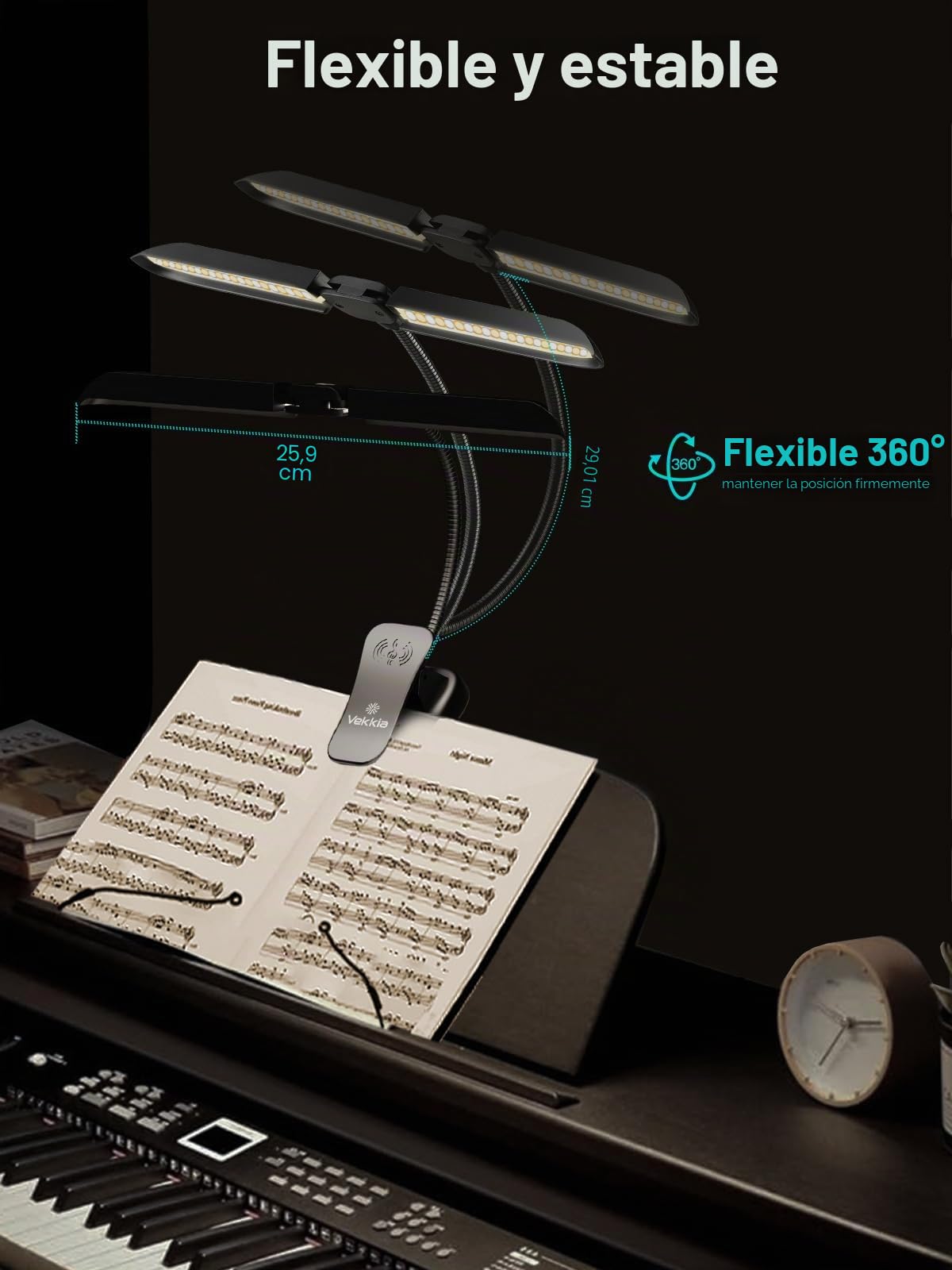 Vekkia Lámpara de atril recargable con 64 ledes, lámpara de piano plegable para cuidado de los ojos, portátil profesional 5 brillo x 3 temperatura de color, perfecta para piano, partituras, guitarra.