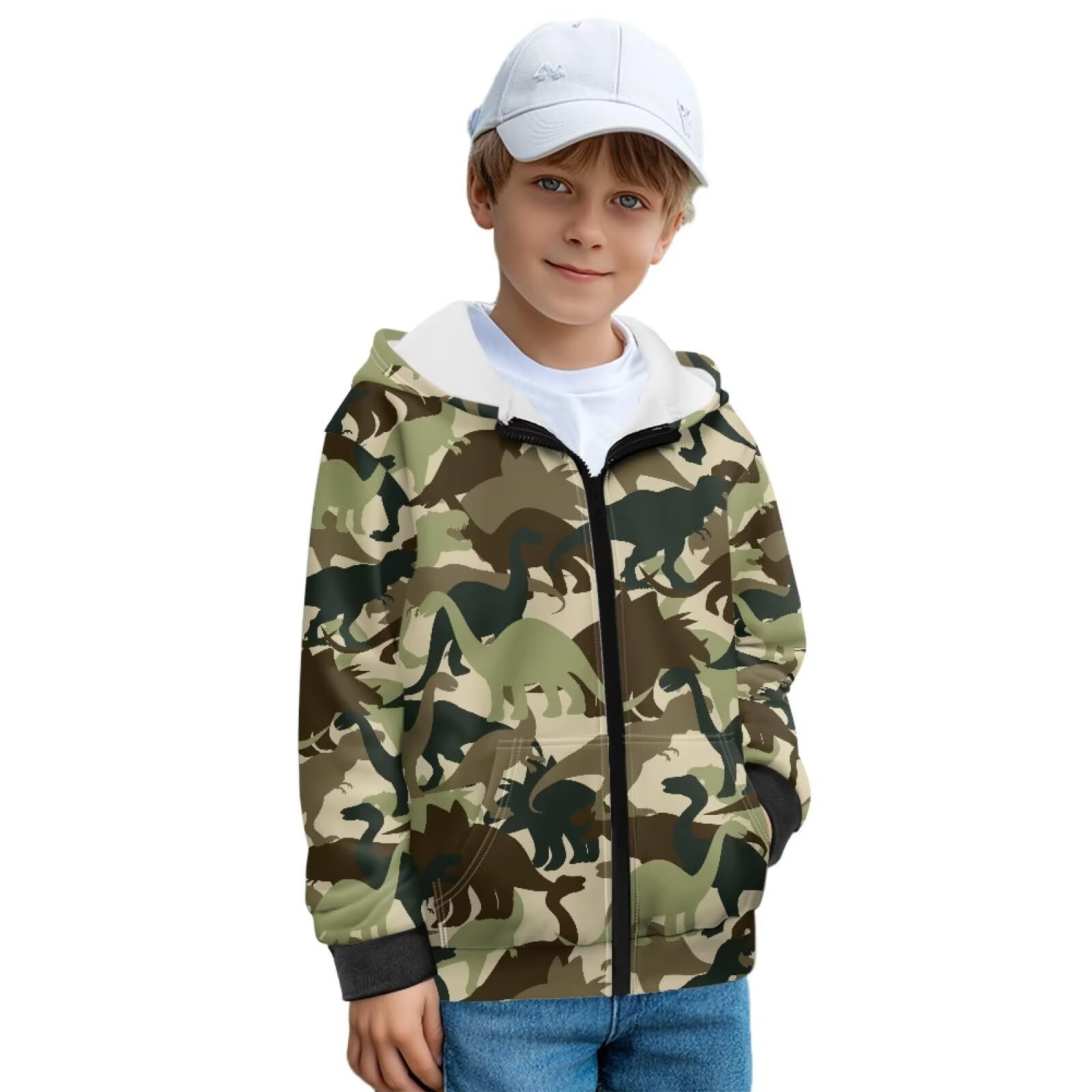 Xoenoiee Dziecięce bluzy z kapturem dla chłopców, zapinana na zamek, bluza 3D, fajna grafika zwierzęca, sweter z długim rękawem, top na jesień i zimę, Zielone abstrakcyjne dinozaury, 14-16 Years