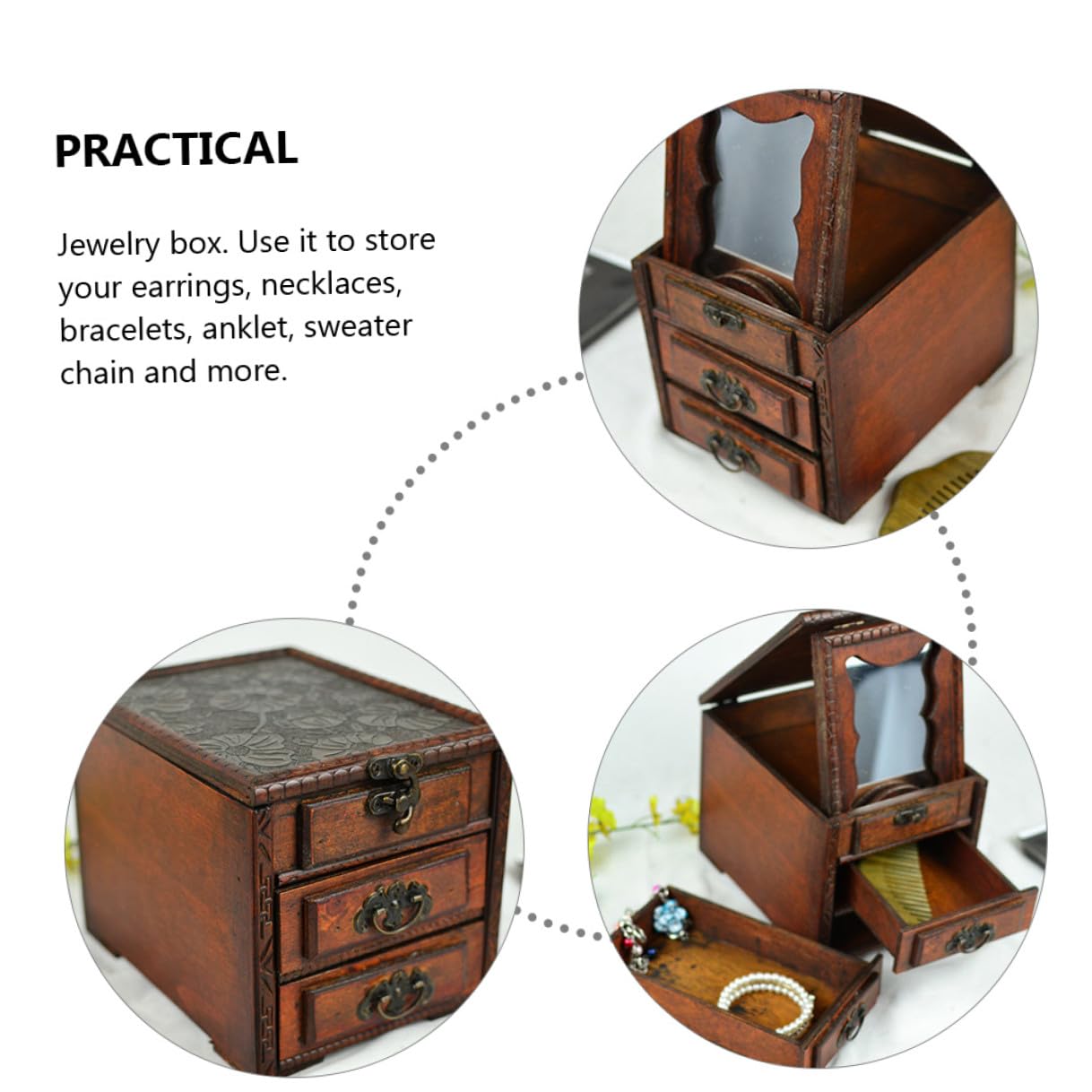 Joyero de Madera Organizador Elegante Estilo Chino Vintage con Espejo, Caja para Pendientes y Collar con Excelente Acabado para Almacenar Joyas en Días Obsequios
