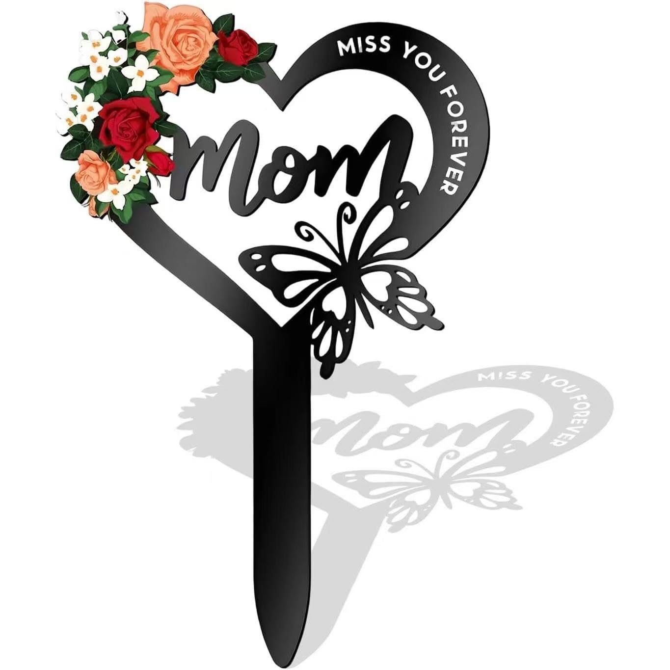 Mounteps Black Heart Shaped Mum Memorial Plaque - Butterfly Metal Insert Garden Grave Decoration