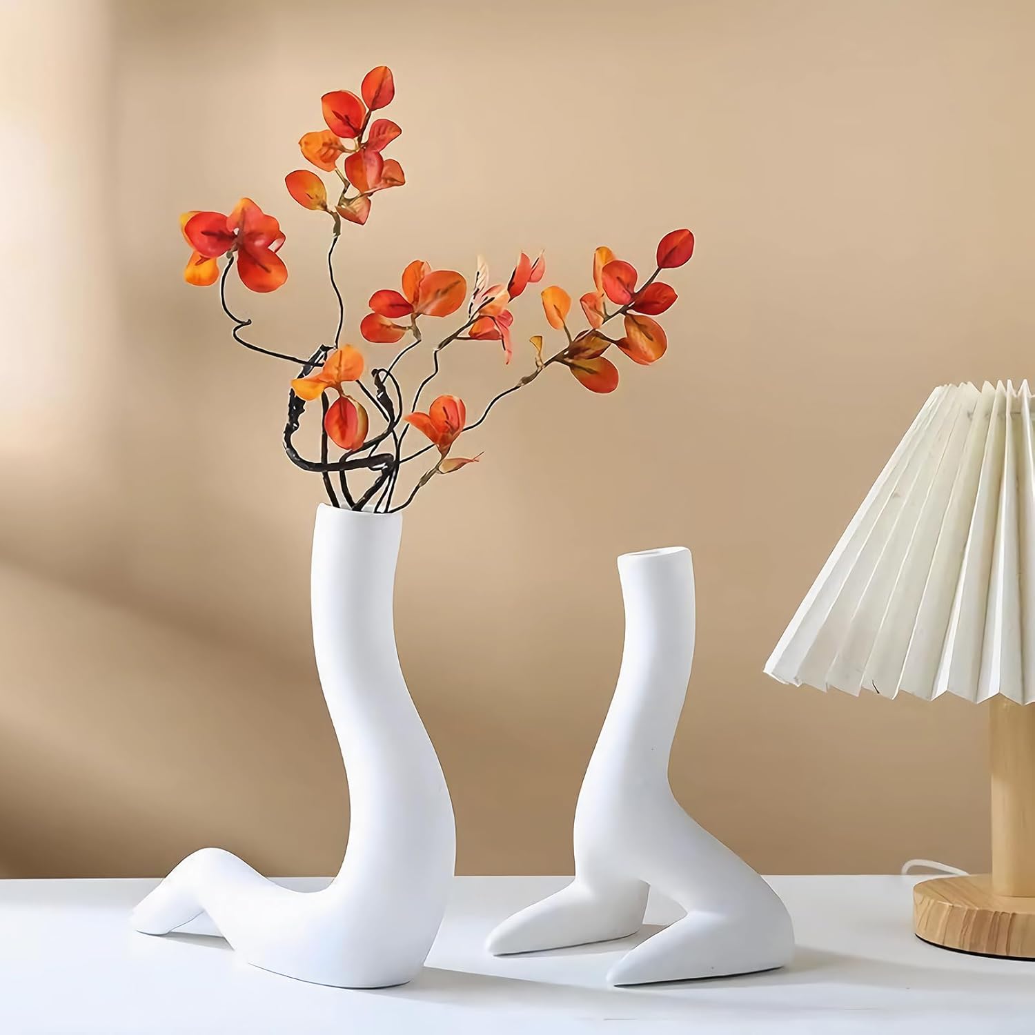 White Ceramic Couple Vase Set,Modern Home Decor Vases Suitable for Pampas Grass and Hydroponic Flowers,Romantic Desktop Centerpiece for Living Rooms Bedrooms and Wedding Decorations,Gift for Partner