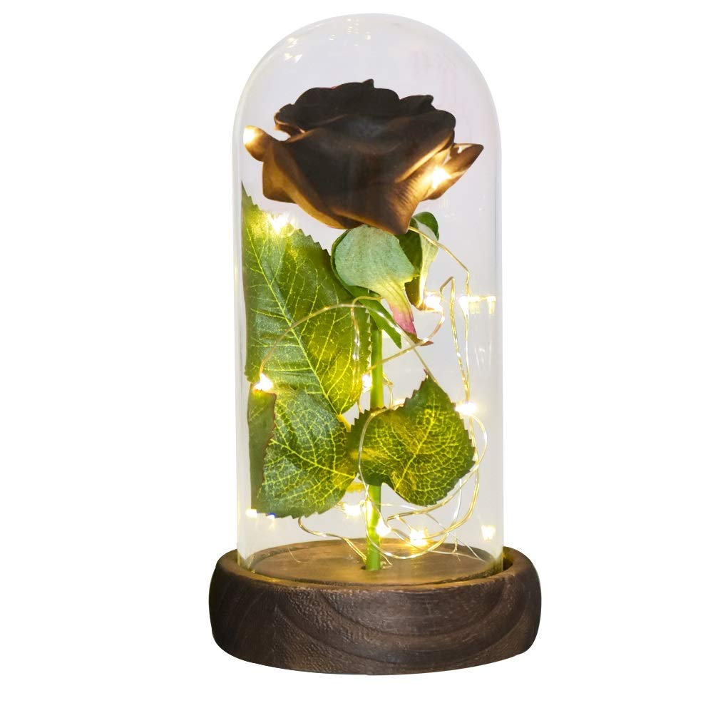 NGHSDO Forever Rose Red/White/Black Eternal Rose Flower In Glass Dome With Light Wooden Base Gifts For Women Eternal Rose (Color : Black flower)