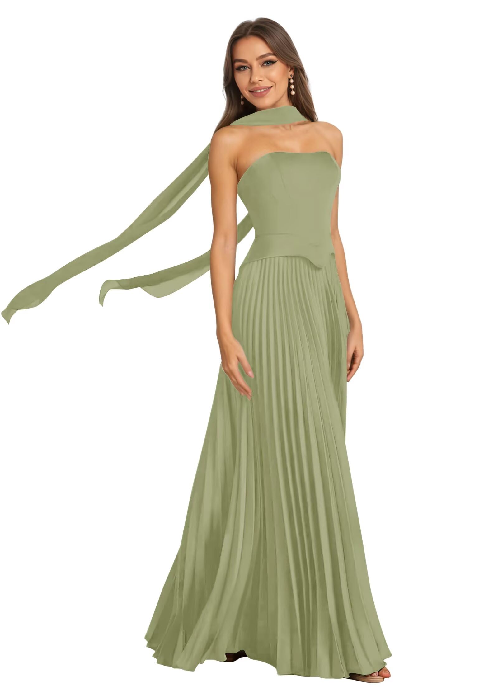 Strapless Satin Bridesmaid Dresses for Women A-Line Ruched Backless Corset Long Wedding Guest Dress with Scarf