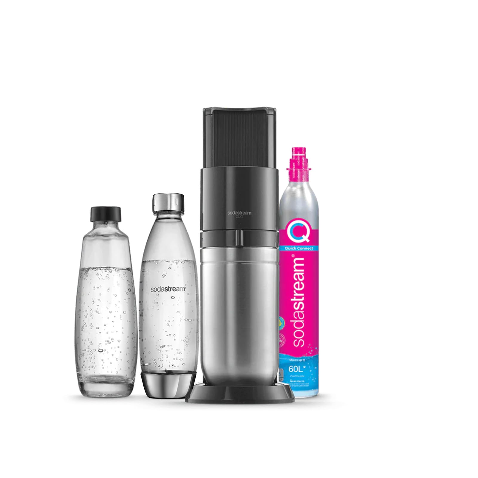 Sodastream DUO Machine à Eau Pétillante et Soda pour Carafe en Verre | Pack 1 Carafe en Verre 1L + 1 Bouteille 1L Finition Acier Inoxydable Lave-Vaisselle + 1 Recharge de Gaz 60L à Clipser | Noire