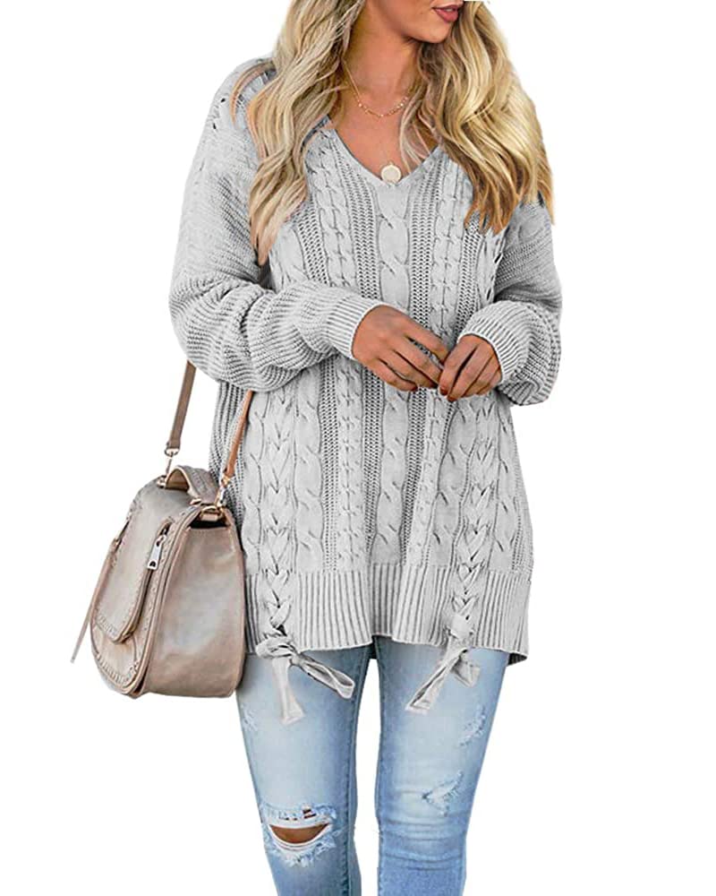 Womens Pullover Sweaters Plus Size Cable Knit V Neck Lace