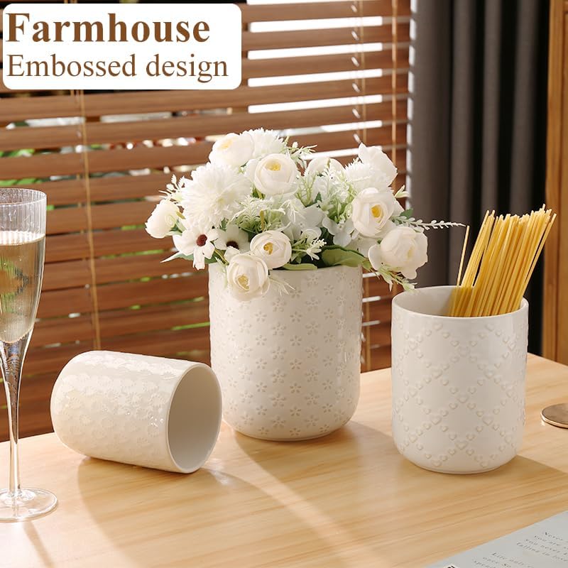 Miniatura 5 de Soporte para utensilios de cocina en relieve, recipiente de cerámica blanca para encimera, organizador grande de utensilios para espátula, cuchara,