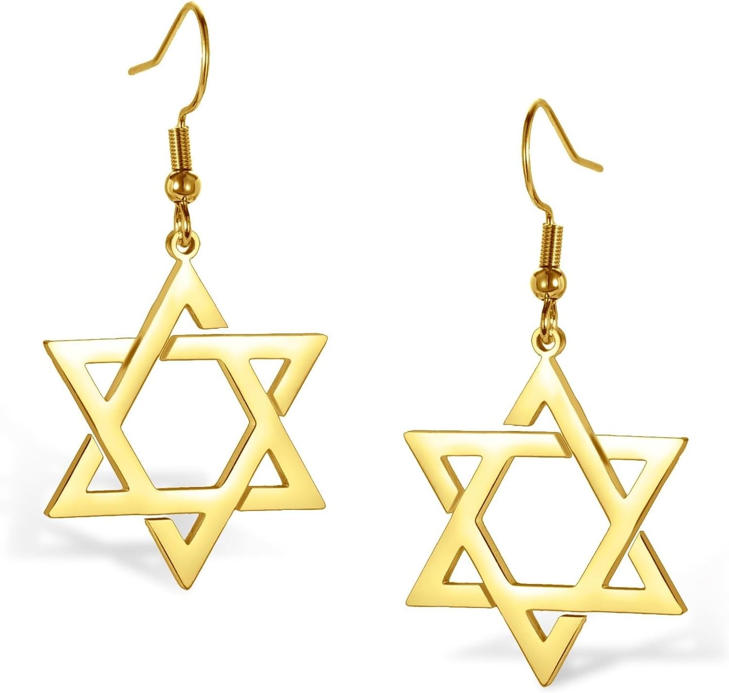 KGAIXN Gold Israeli Star Earrings Stainless Steel Six Pointed Dangle Star of David Drop Earrings Women Christian Jewish for Cross Hanukkah Religion Gift Idea, Jewish Star