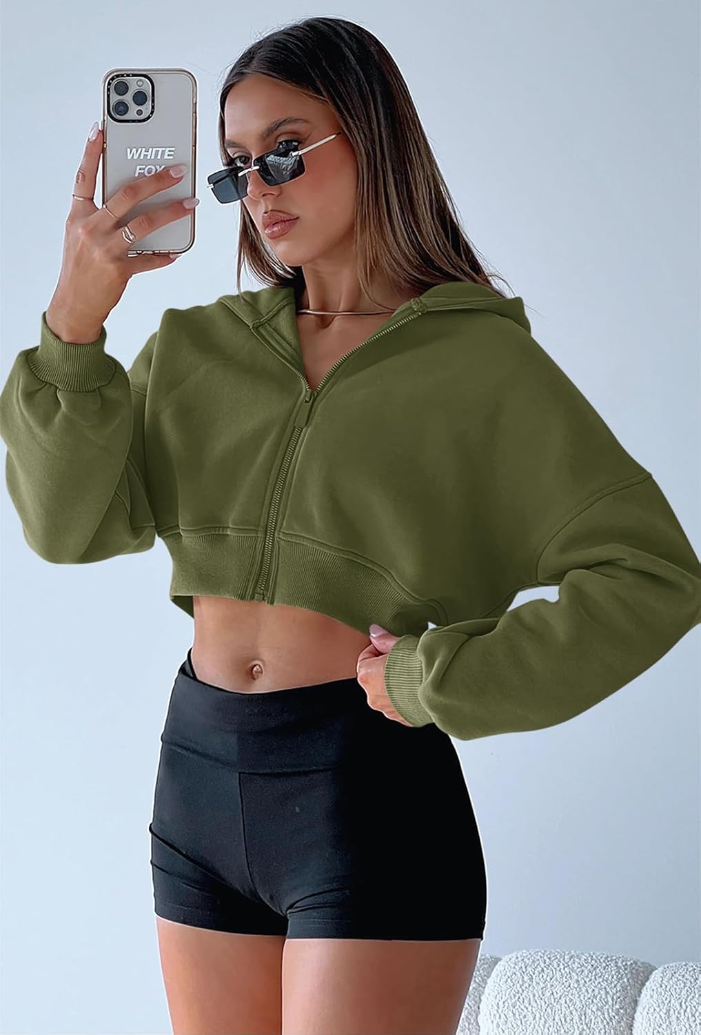 Aurgelmir Women's Cropped Zip Up Hoodie Sweatshirts Long Sleeve Casual Loose Y2K Pullover Tops - Image 5