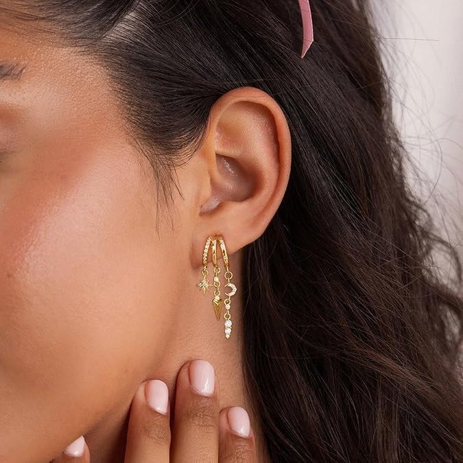 Gold Dangle Earrings for Women Fashion Cubic Zirconia Moon Star Cross Dangle Drop Earrings Dainty 14k Gold Plated Triple Huggie Tassel Stud Earring Festival Party Prom Statement Jewelry for Women - Image 4