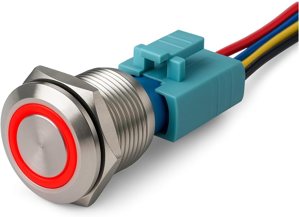 MGI SpeedWare Billet Push Button Switch 22mm with Socket, 3A 12vDC Ring LED (Latching, Blue)