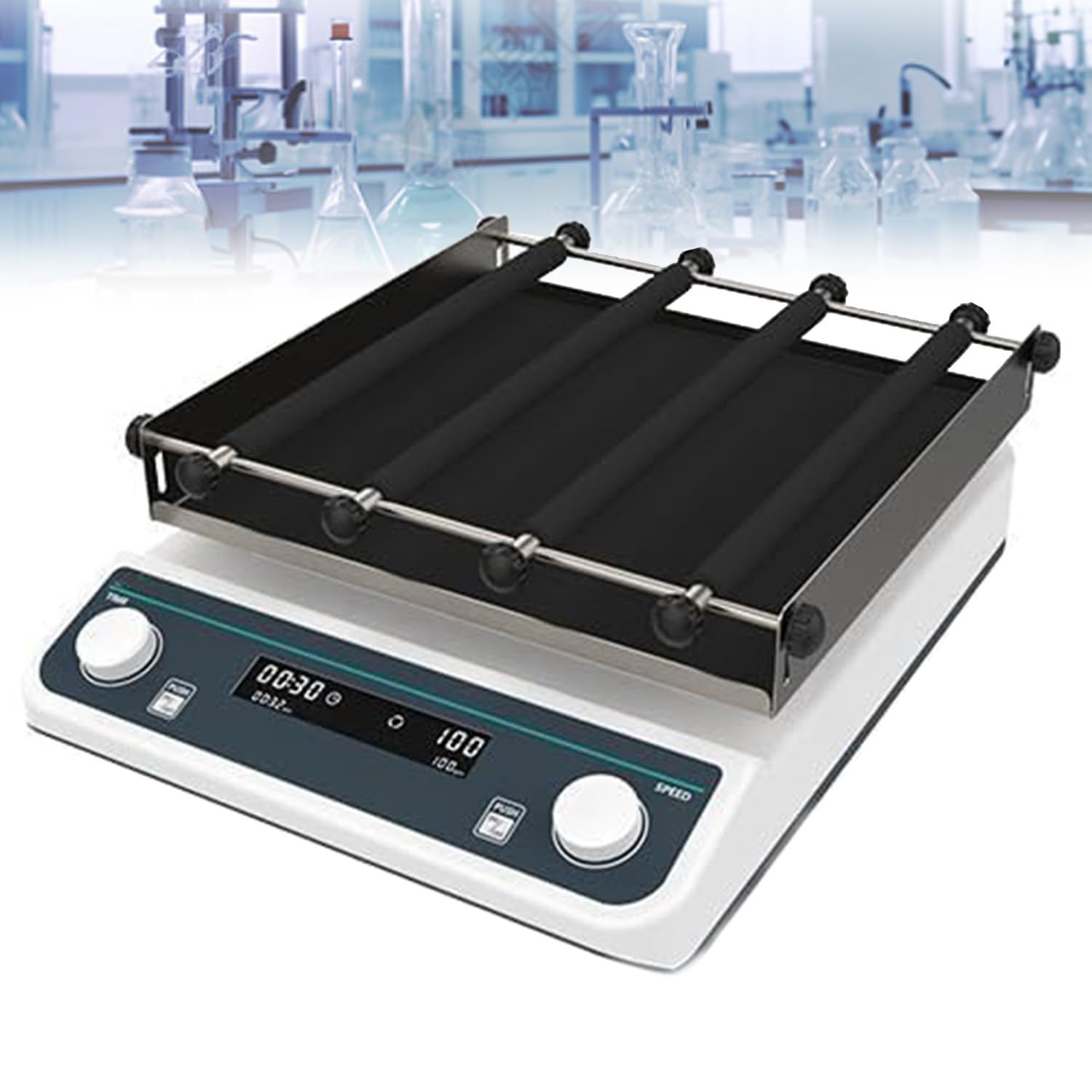 Mezclador orbital digital, velocidad ajustable 40-200 RPM, pantalla LED, modos temporizados y continuos para uso en laboratorio
