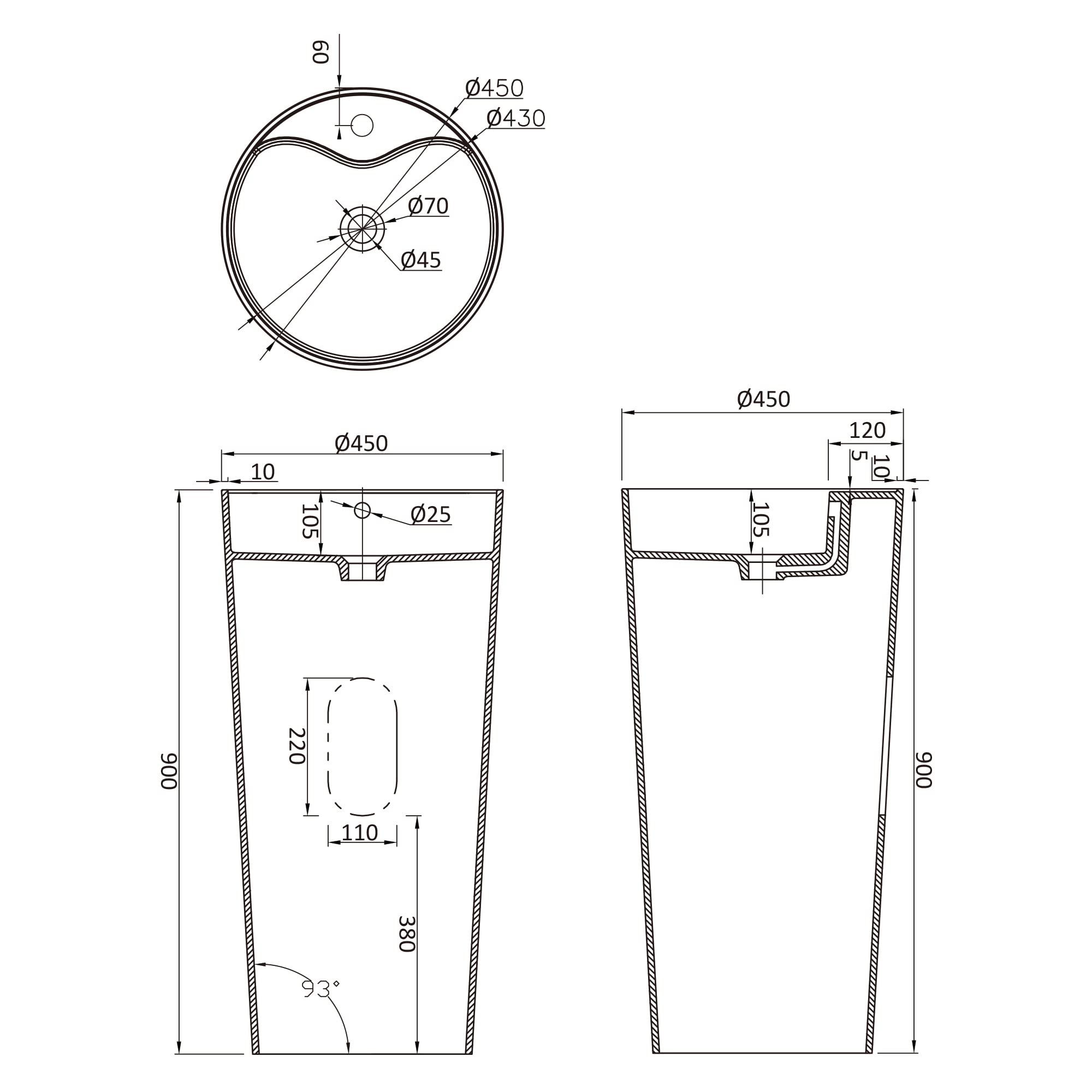doporro Lavabo Colonne Rond Noir Vasque sur Pied Solid Surface Lave Mains pour Salle de Bain 45x45x90cm Colossum35