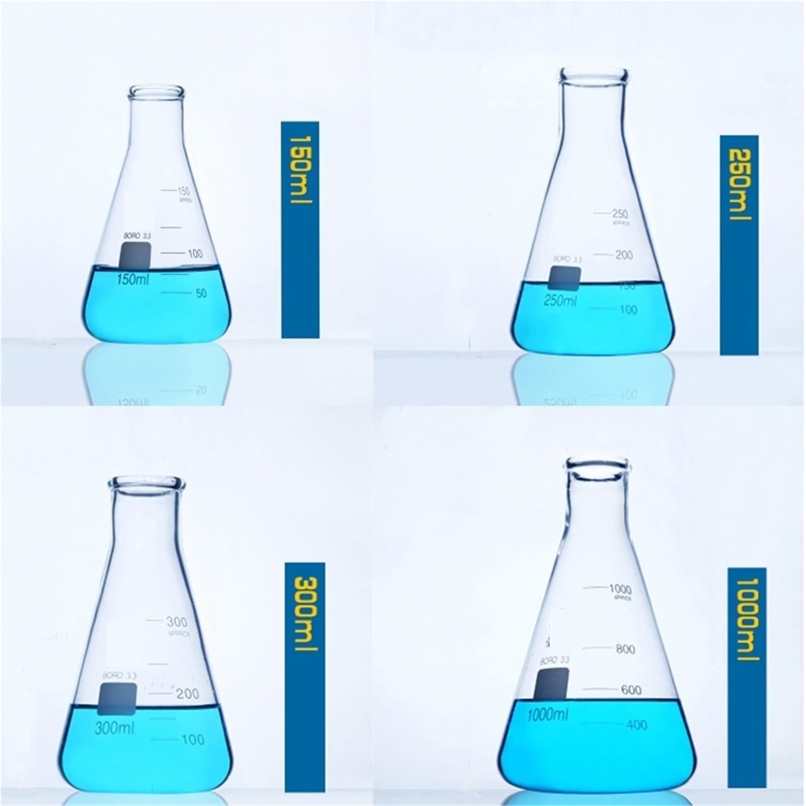 Matraz aforado de borosilicato, 1 Juego de matraz cónico de Vidrio, matraz Erlenmeyer de Vidrio Triangular, Botella medidora de Resistencia de Laboratorio