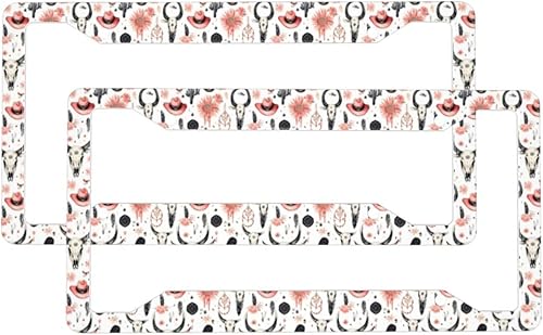 2 Pcs Car License Plate Frames for Women Men - Aluminum Solid Vintage Cowboy Skull Print License Plate Cover for Car Accessories for Women Men with