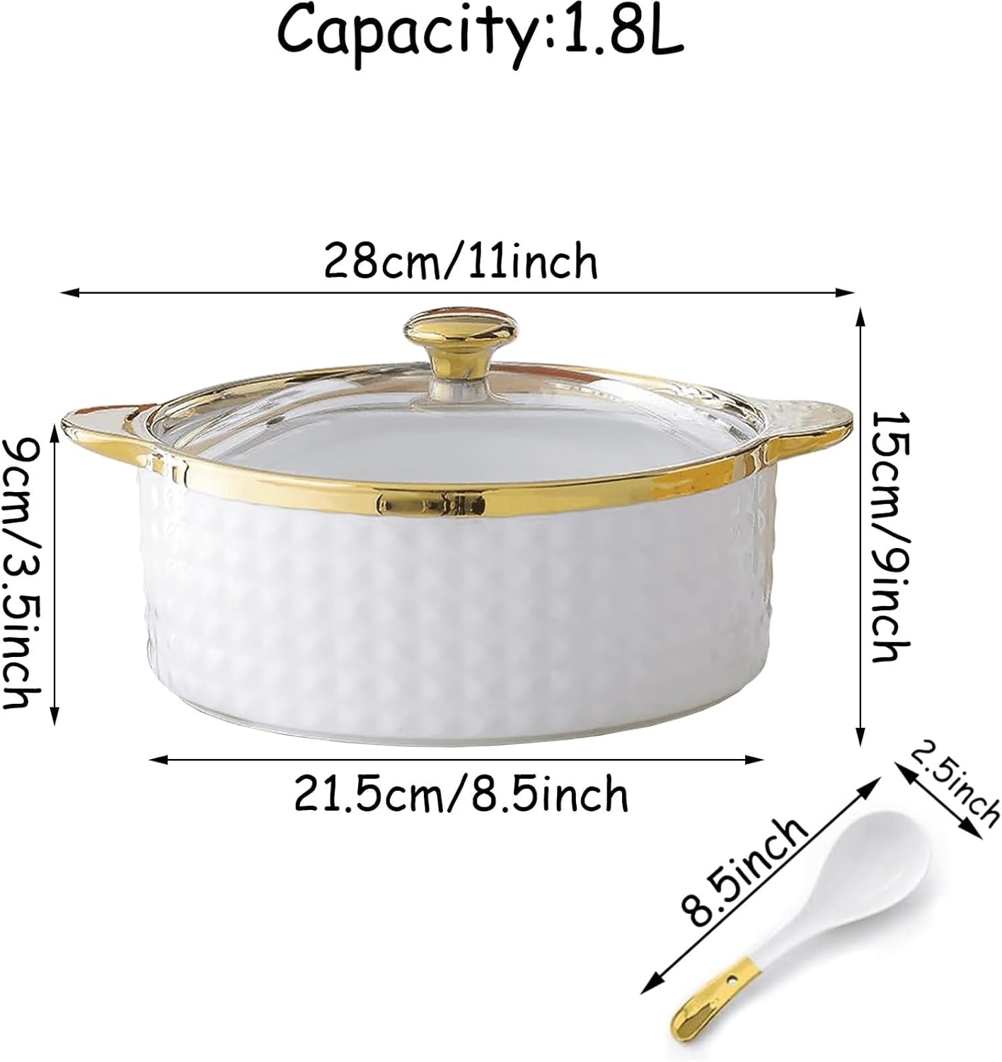 Soup Tureen with Glass Lid and Spoon,Large Capacity Ceramic Serving Soup Bowl, Gold Trim Porcelain Serving Soup Bowls with Lid White Round Bowl for Home Kitchen Restaurant Decoration,B