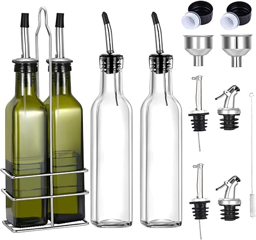 Gusnilo Dispensador de aceite de oliva, vinagre de aceite, botella cuadrada de vidrio alta con boquilla vertedora de acero inoxidable, juego de 2 a