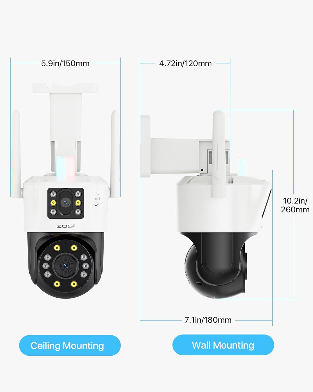 ZOSI C298 Max 4K 8MP Dual-Lens(2x4MP) Wired WiFi PTZ Plug-in Security Camera Outdoor, Wide Angle, 2.4GHz 360 Camera, 8X Hybrid Zoom, Person/Vehicle Detect, Color Night Vision, Spotlight Siren