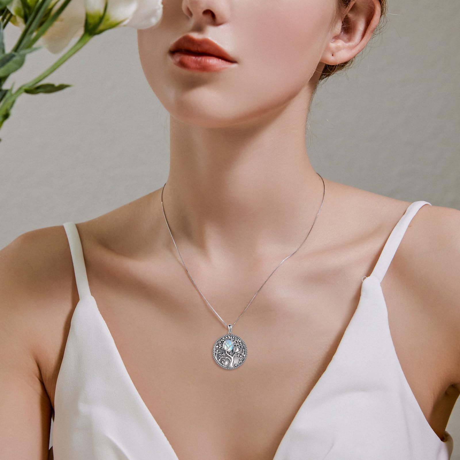 KQF Häschen/Libelle/Chakras/Baum des Lebens/Eule/Lotus/Kuh/Elefanten Kette Sterling Silber Häschen Anhänger Schmuck Abalone Muscheln/Mondstein Tierschmuck Geschenke für Damen Mädchen