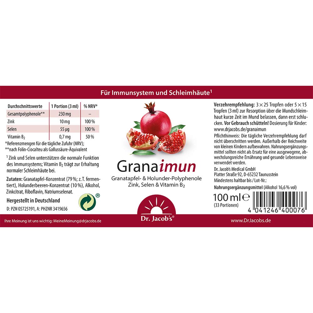 Granaimun von Dr. Jacob's 100 ml Flasche I mit Zink, Selen und Vitamin B2 I für Immunsystem¹, Zellschutz² und Schleimhäute³ I 33 Portionen