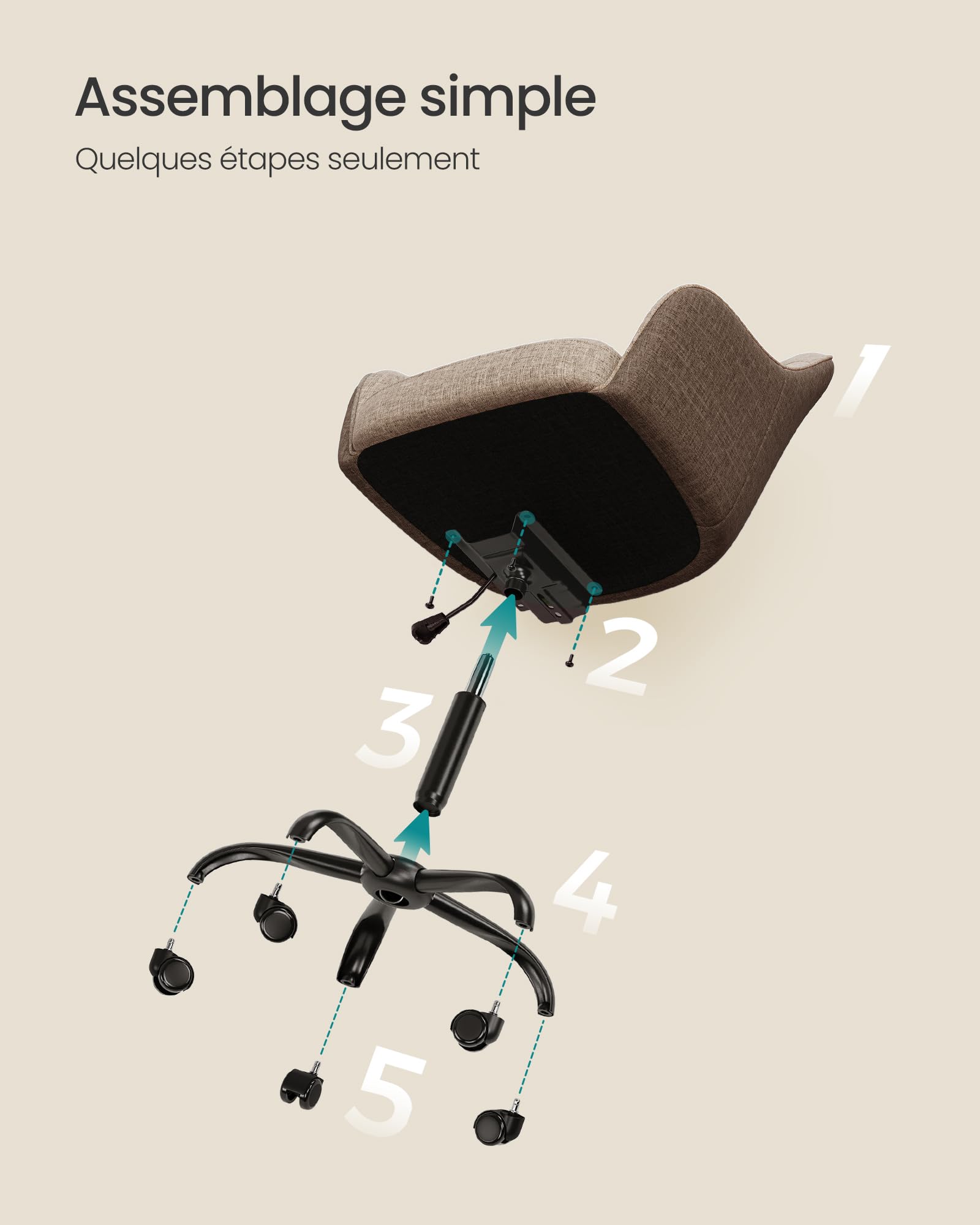 SONGMICS Chaise de Bureau, Fauteuil Ergonomique, Siège Pivotant, Réglable en Hauteur, Capacité 110 kg, Cadre en Acier, Tissu en Coton-Lin Respirant, pour Bureau, Chambre, Marron OBG019K01