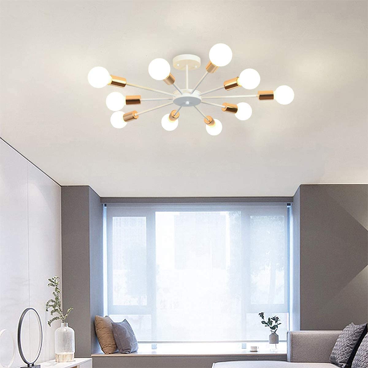 Wpuszczana lampa sufitowa, białe nowoczesne żyrandole, 10 świateł E27 Podstawa przemysłowa Półsufitowe lampy wiszące Oprawa do sypialni Salon Kuchnia Farm Wystawa sztuki