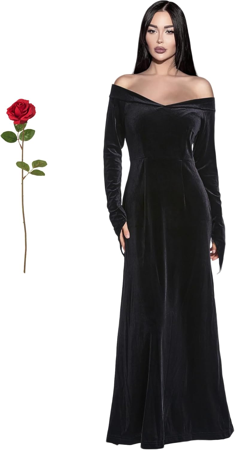 Women Morticia Addams Dress - Adult Gothic Black Dress for Halloween, Family Costume, Witch Costume MA034S
