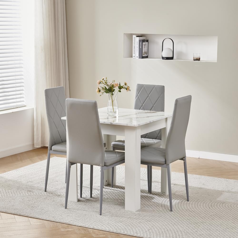 75x75 cm Small Dining Table and 4 Chairs, 4 Seater Table and Chairs Set Kitchen Dining Room Set for 4, Compact, Space Saving, Wooden, Glossing Tabletop Marble-White (4 Seats, Faux Leather Grey #2) โ image 1