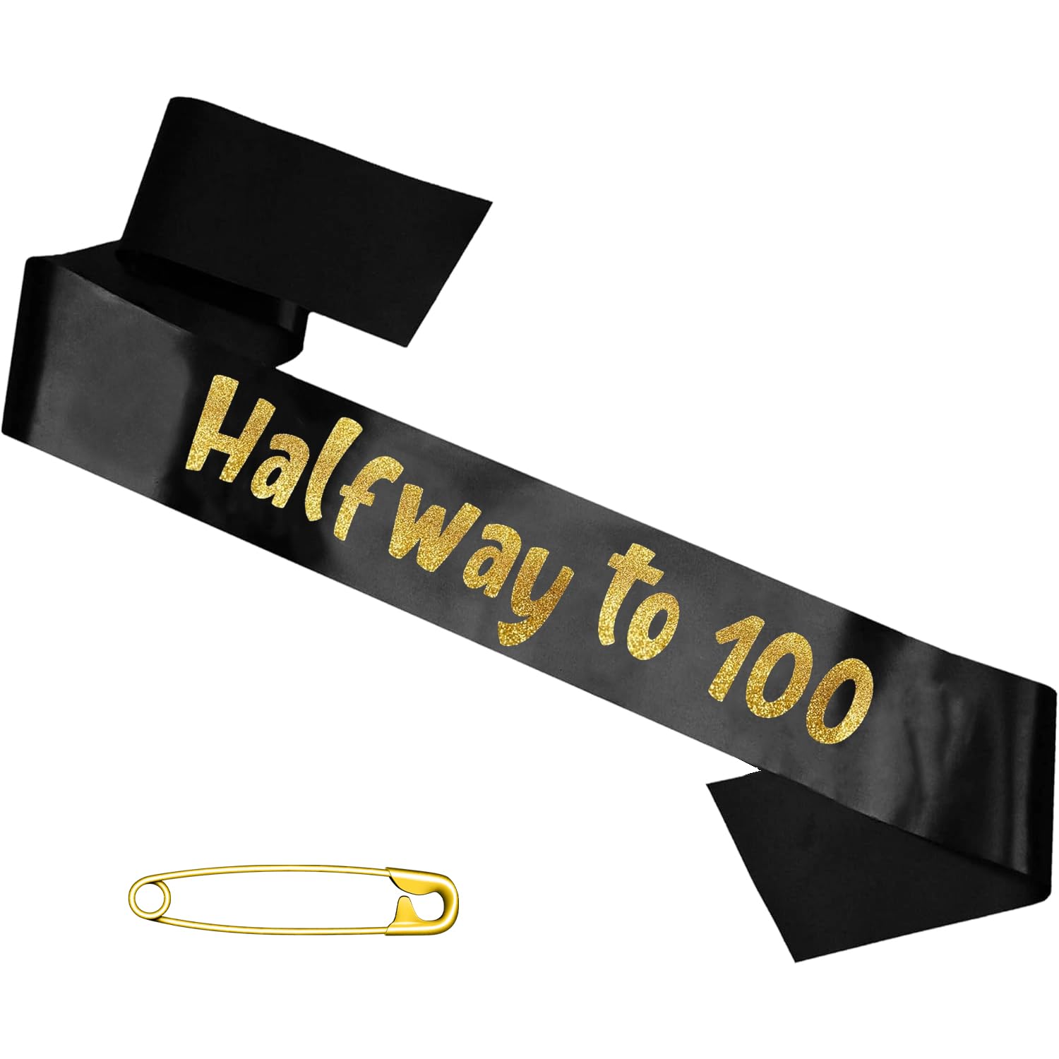 Muiltvoe 50th Birthday Sash, 50th Birthday Decorations-Halfway to 100 Black and Gold Glitter Satin Sash with a Fixing Pin | Happy 50th Birthday Party Supplies | 50th Birthday Ideas Gift