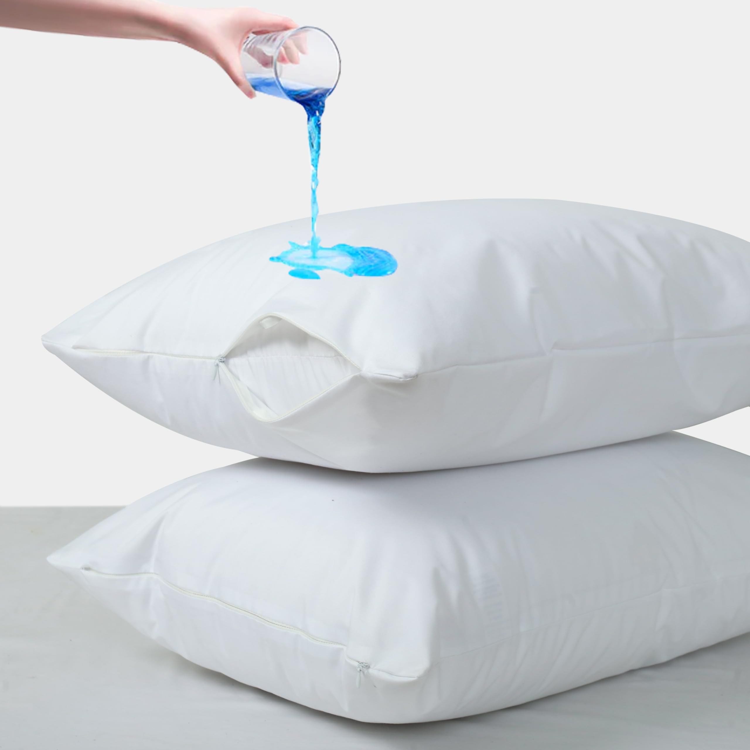Waterproof Pillow Protectors with Zipper Standard/Queen Size - Set of 2 Waterproof Zippered Pillowcases Encasement, Breathable Protective Pillow Covers
