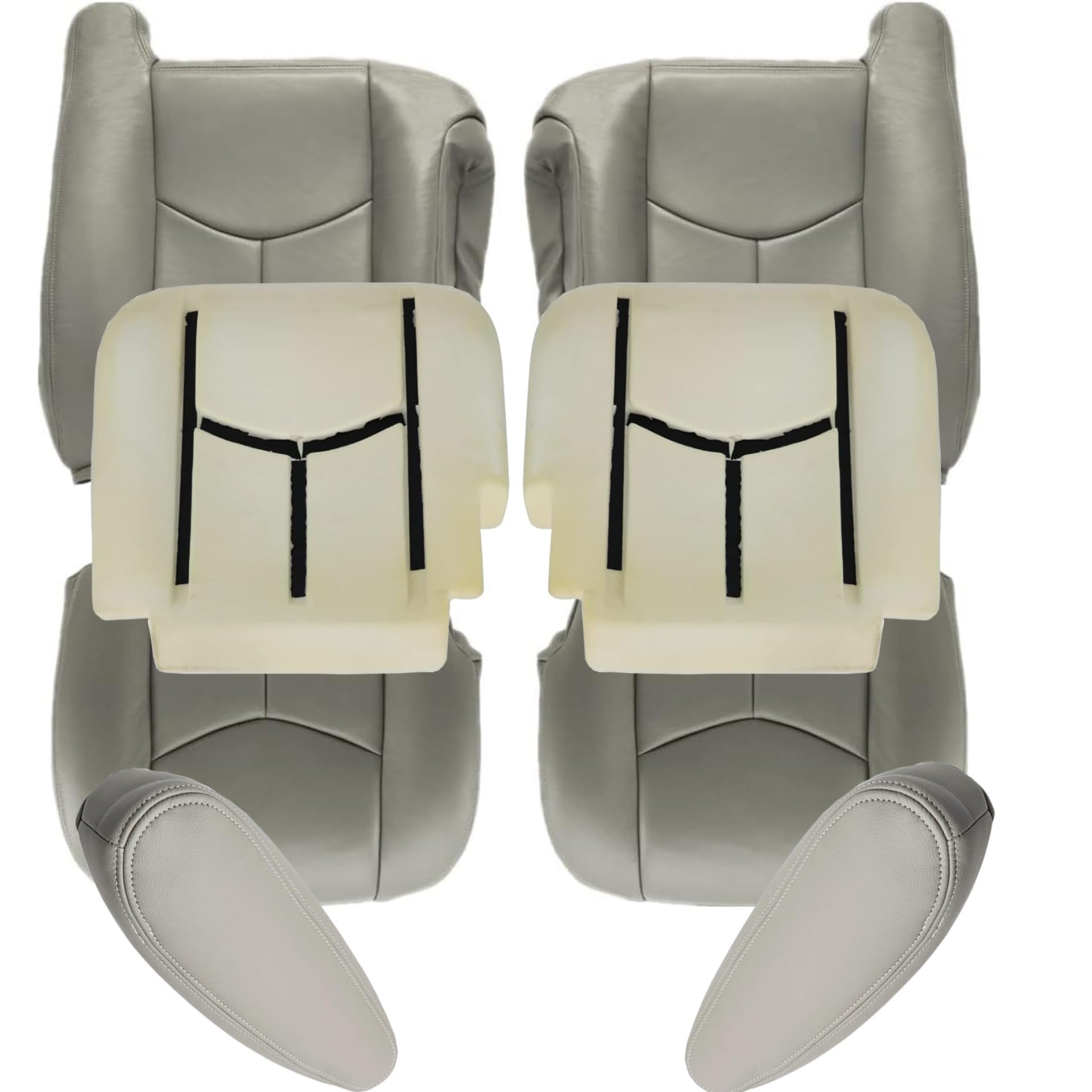 GXARTS Driver and Passenger Side Bottom and Top Lean Back Leather Seat Cover and 2Pcs Foam Cushion & Armrest 922/92i Light Gray Fit for Chevy Silverado Avalanche Tahoe Suburban Yukon Sierra 2003-2006
