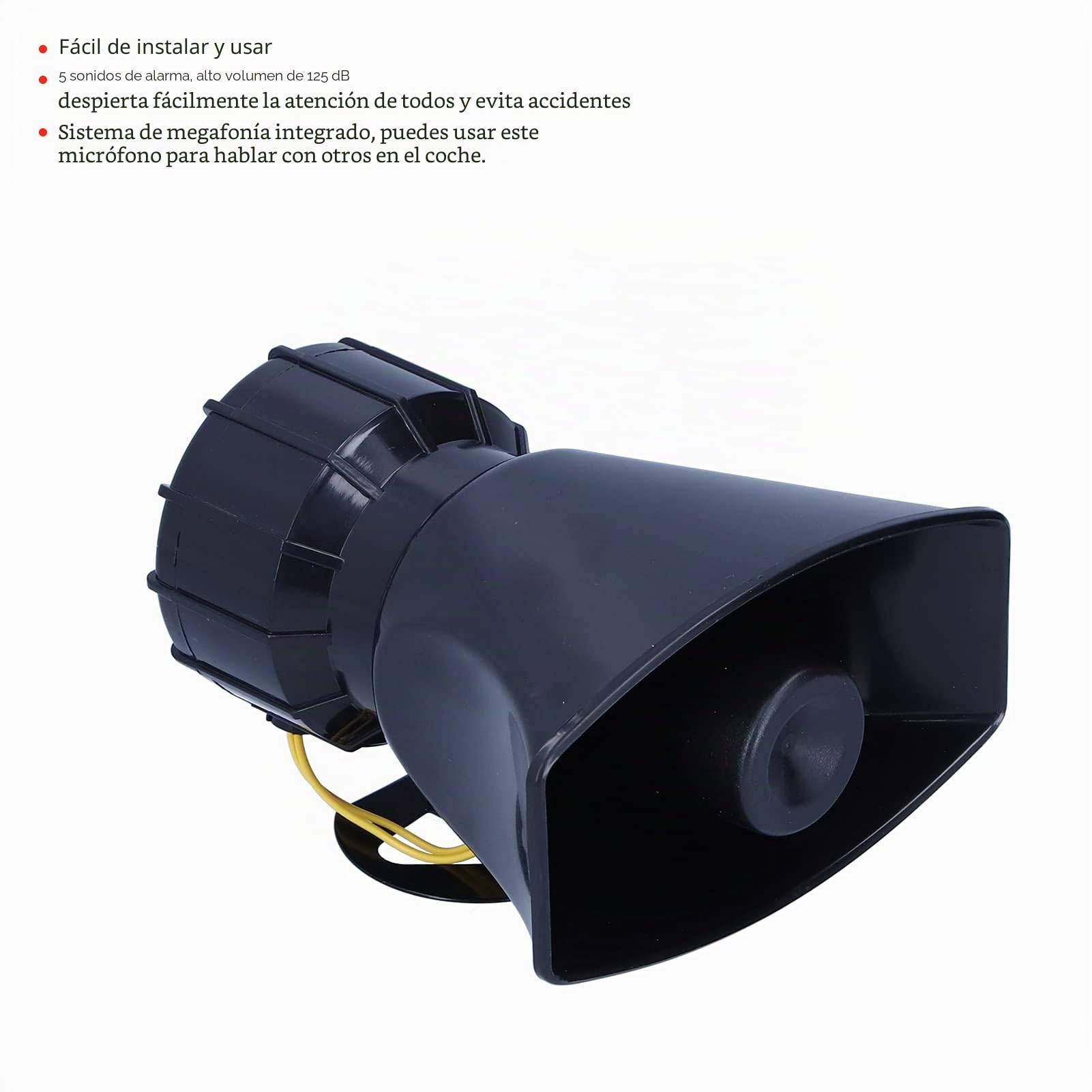 Sirena de Seguridad con Soporte, 12V 100W 125DB Megáfono de Bocina de Automóvil Alarma de Advertencia de Emergencia de 5 Sonidos Sirena de Incendio para Motocicleta de Automóvil