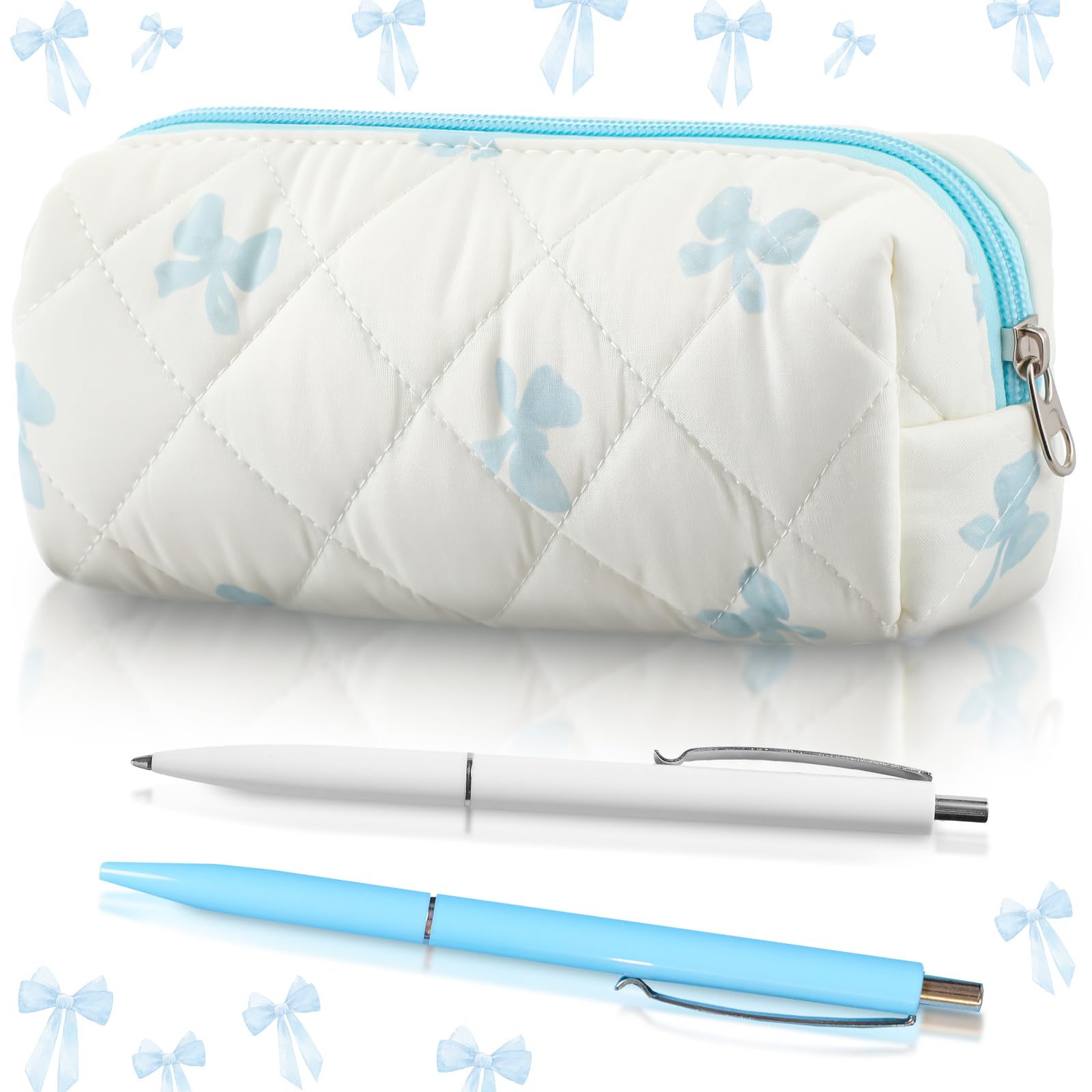 Sherr Coquette Bow Pencil Case Blue Bow Cute Pencil Pouch Soft Cotton Storage Bag Aesthetic Pattern Gift Makeup Pouch Cosmetic Bag for Women Adults