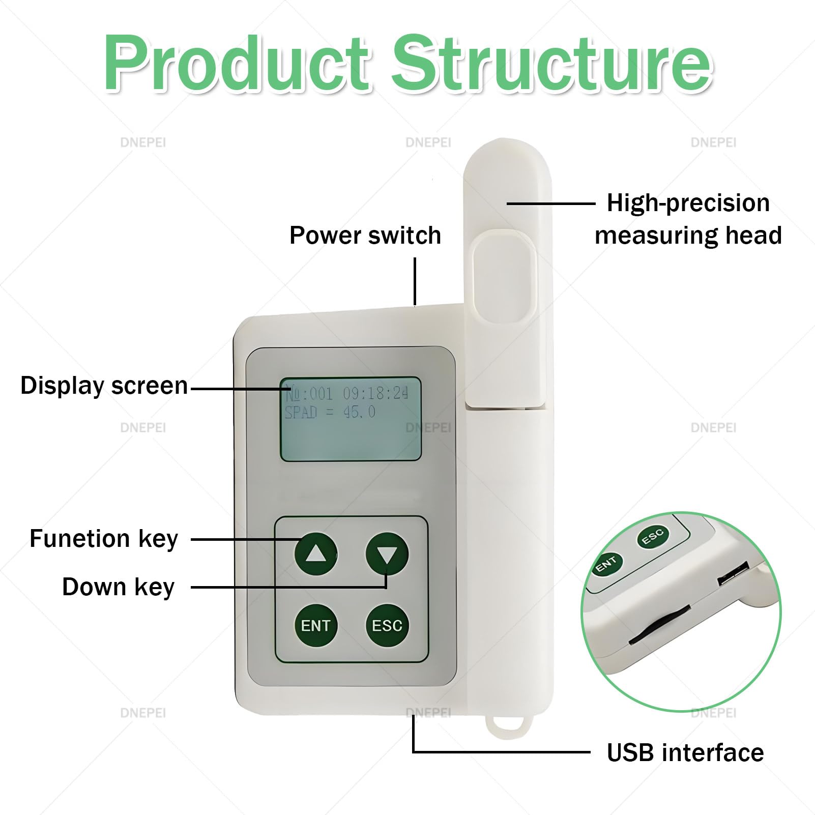 Monitor portátil Todo en uno para la Salud de Las Plantas, analizador portátil de clorofila, nitrógeno, Temperatura y Humedad (0,0-99,9 SPAD), diseño Compacto con Carga USB A