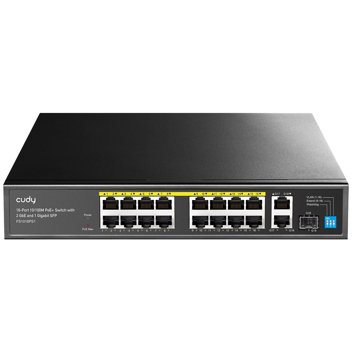 Cudy FS1018PS1 Switch PoE+ 16 porte con 2 collegamenti montanti Gigabit e porte SFP 200 W, 16 PoE+ a 200 W, modalità Extend/VLAN, 802.3af/at, Fanless, Watchdog, Plug and Play | 200W Power Budget, IEEE 802.3af, Modo Estensione CCTV 250m, PD Watchdog, Isola