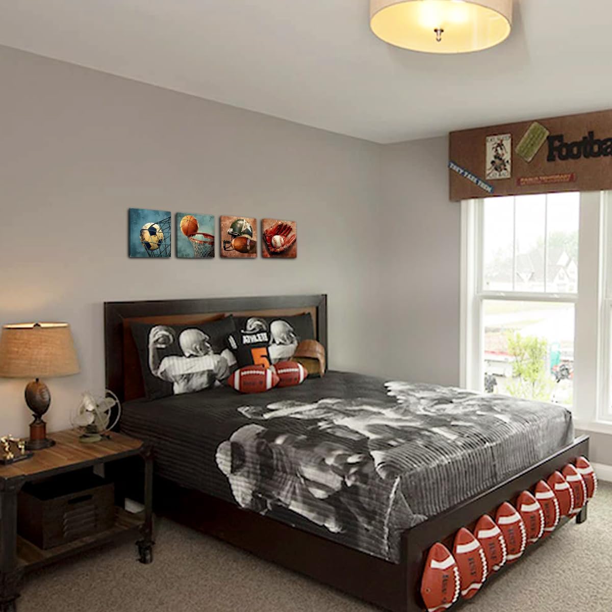 4PC Sports Canvas Wall Art Framed Boys Room Decor Rustic Football Baseball Basketball Soccer Wall Decor Sport Theme Posters Vintage Canvas Prints Picture Artwork Playroom Boys Bedroom Decor