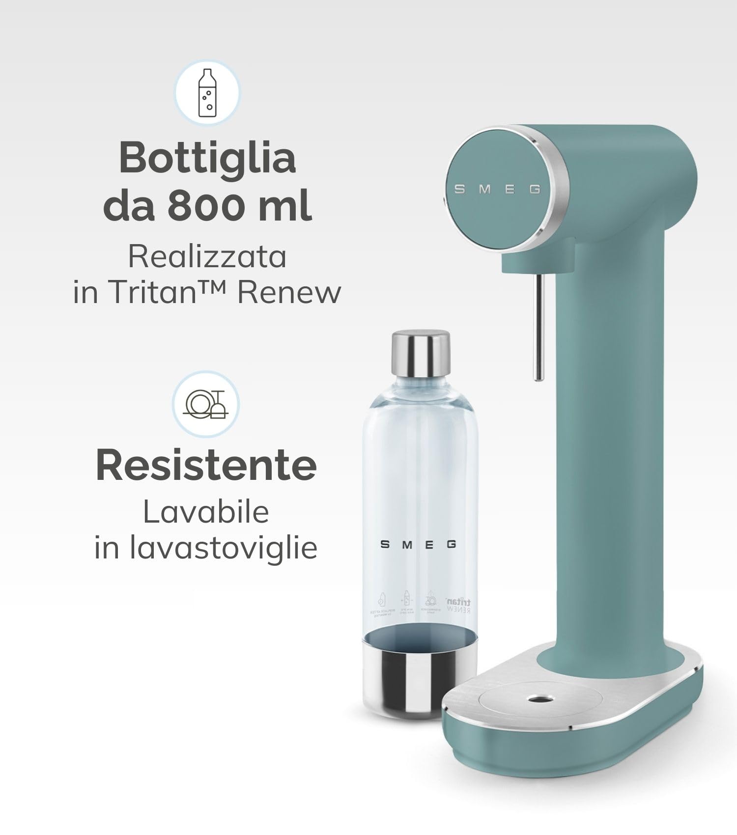 Smeg SKC01WHM Soda Maker, piedini antiscivolo, design salvaspazio, 800 ml, bianco opaco
