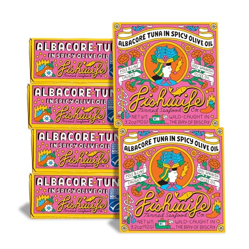 Image of Fishwife Albacore Tuna in Spicy Olive Oil 6-Pack (3.2 Ounce) | MSC-Certified Sustainable Seafood, Gluten Free, High Protein, Omega-3s | Hand-Packed with Spanish Olive Oil, Hot Paprika, Cayenne, White Pepper, Garlic, and Salt