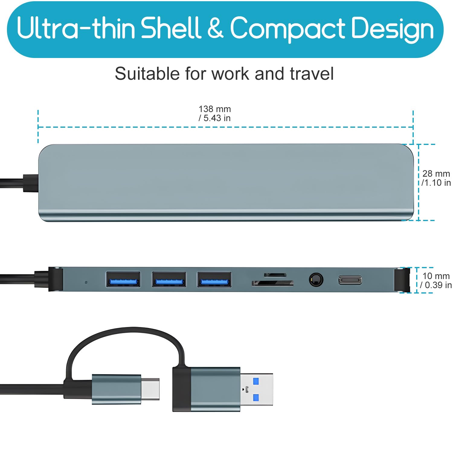 Koncentrator USB-C 8 w 1: 4 USB-A, czytnik kart SD/TF, gniazdo słuchawkowe, adapter wieloportowy do smartfonów, laptopów, iPada Pro, przełącznik