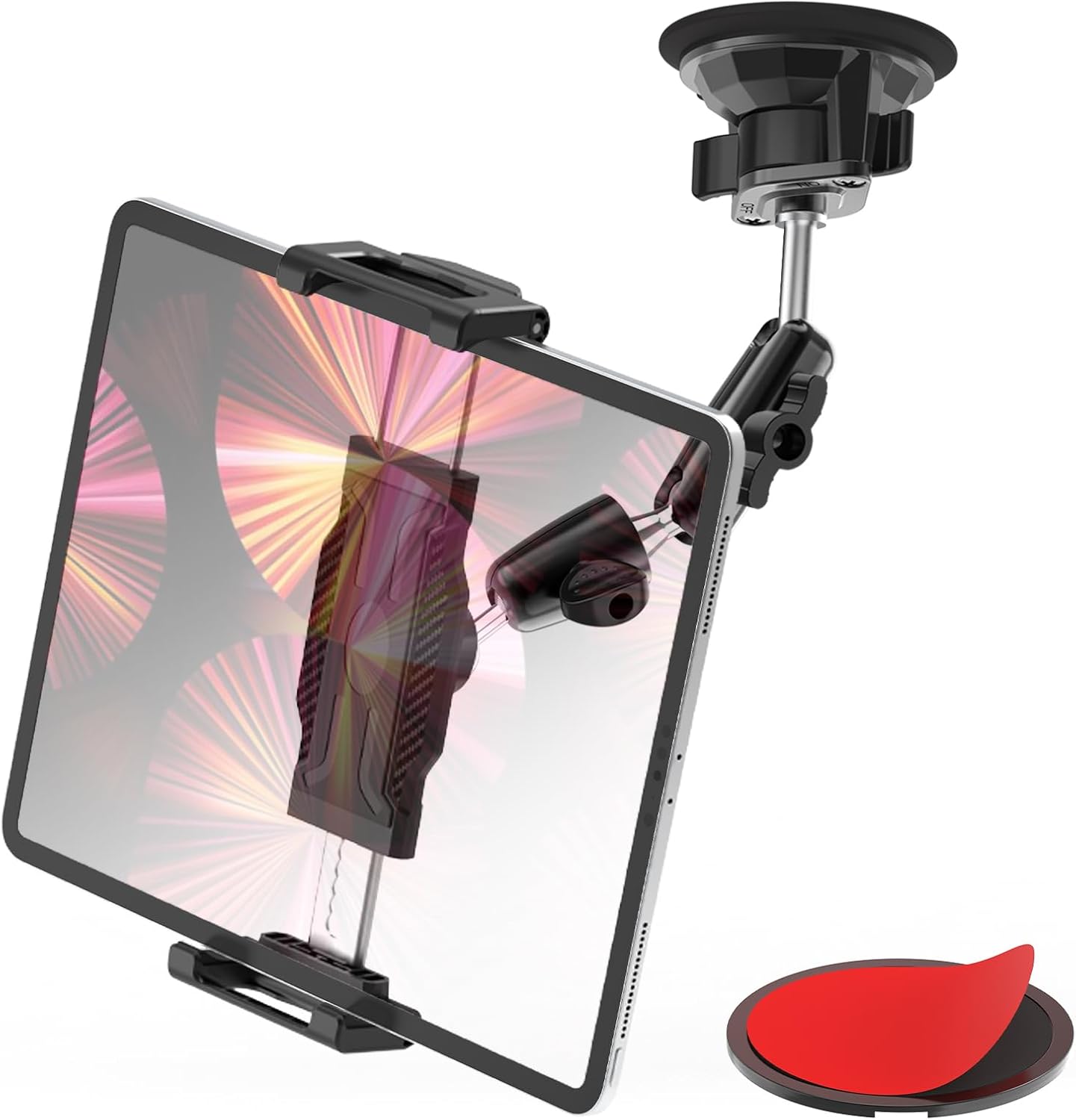Dashboard Tablet Holder with Vacuum Suction Cup for Car/Truck, [360 Metal Foldable Adjustable Arm] Windshield Tablet Mount for iPad Pro/Air/Mini, Galaxy, 6.1-15.6" Device and Thickness Case