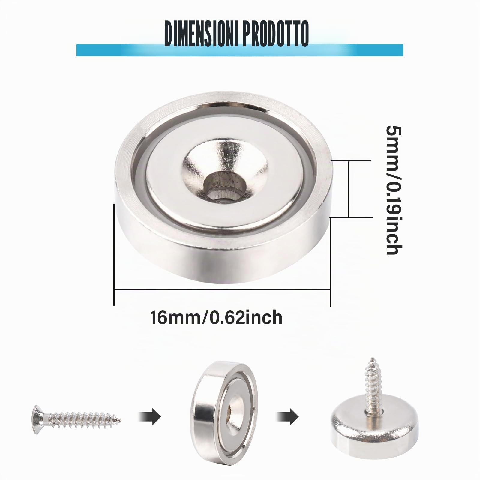 MIN CI Magneti al neodimio con foro, 6 kg (13 lbs) per avvitare, 16 mm, magneti rotondi al neodimio, extra forti, con filettatura magnetica da avvitare