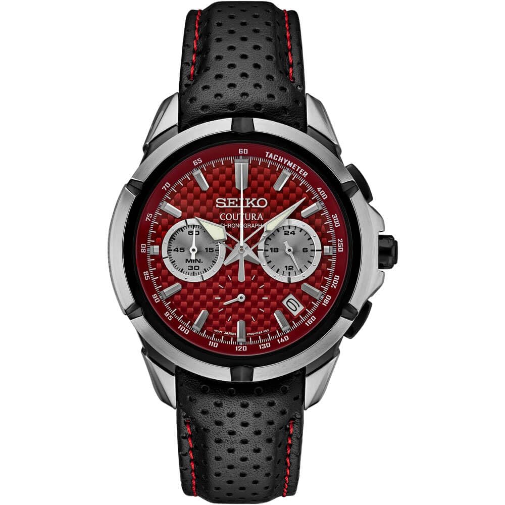SEIKO Coutura Red Chronograph Leather Watch SSB435, Red