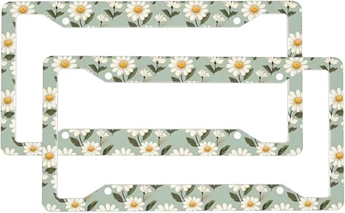 2 Pcs Car License Plate Frames for Women Men - Vintage Daisy White Print Aluminum Solid License Plate Cover for Car Accessories for Women Men with