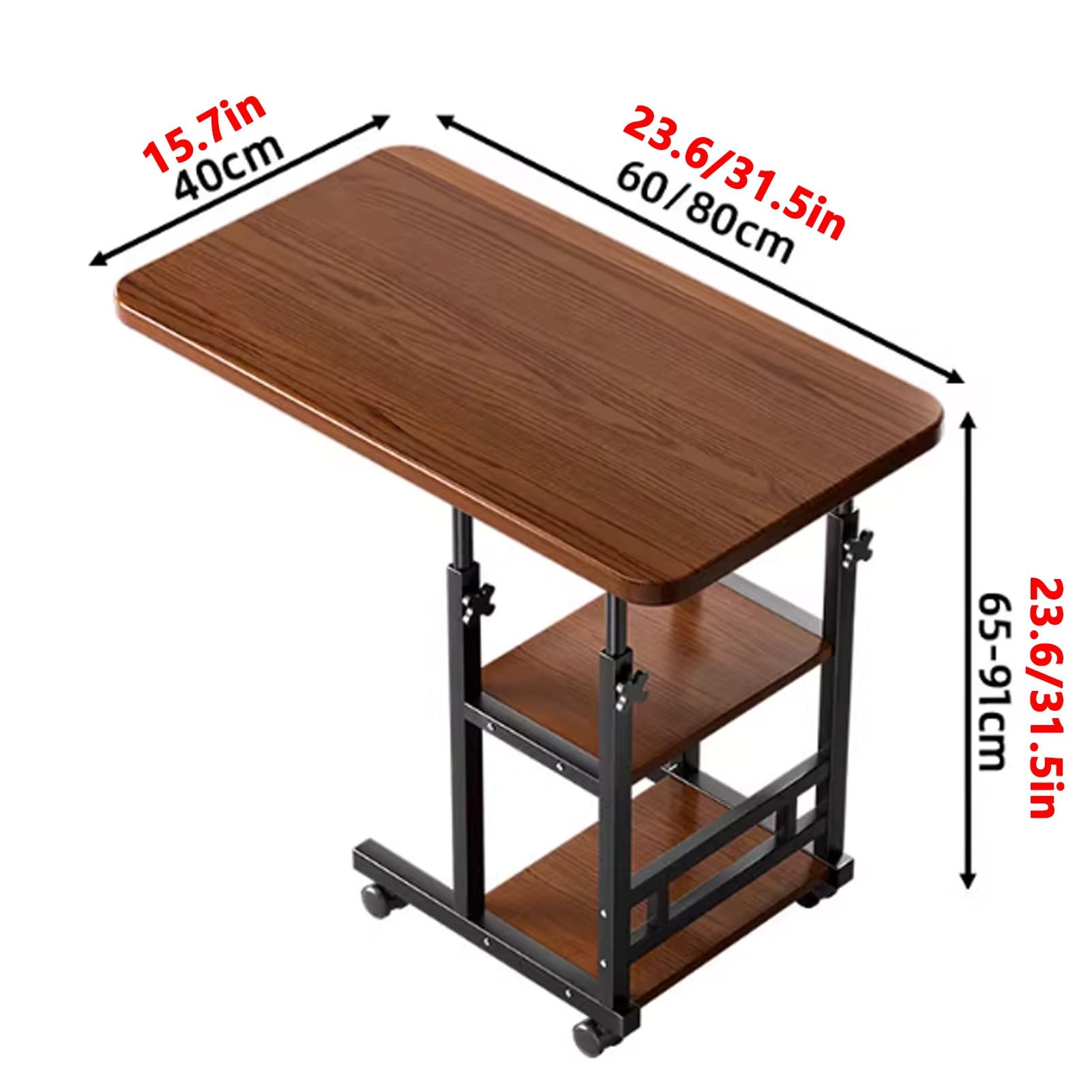 Tavolino da Letto con Ruote e Altezza Regolabile, Carrello for Laptop a 3 Livelli, Tavolino Laterale a Forma di C for Camera da Letto, Soggiorno, Ospedale(Natural,80cm/31.5in)