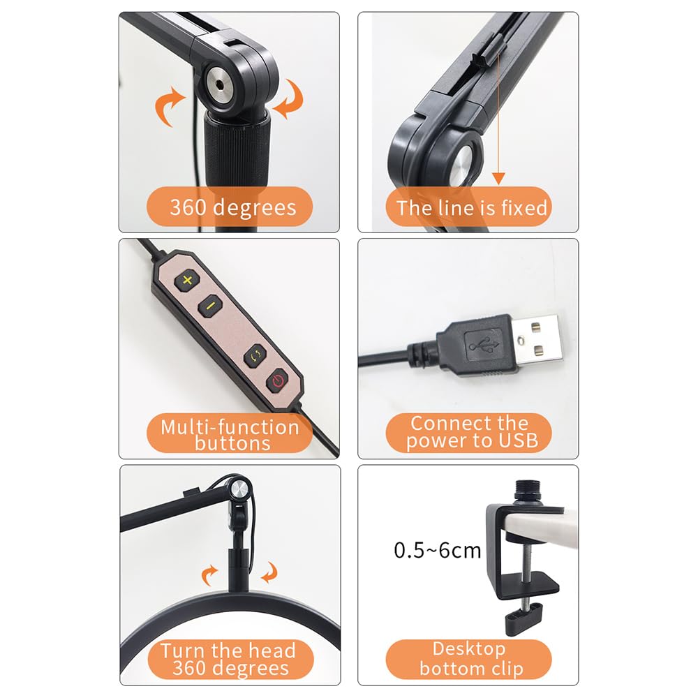 Andoer Lámpara LED de vídeo de 10 W, regulable, lámpara de media luna, 3200 K-5600 K, lámpara LED de suelo para pestañas con cable USB, abrazadera C, soporte para vlogging, salón de belleza,