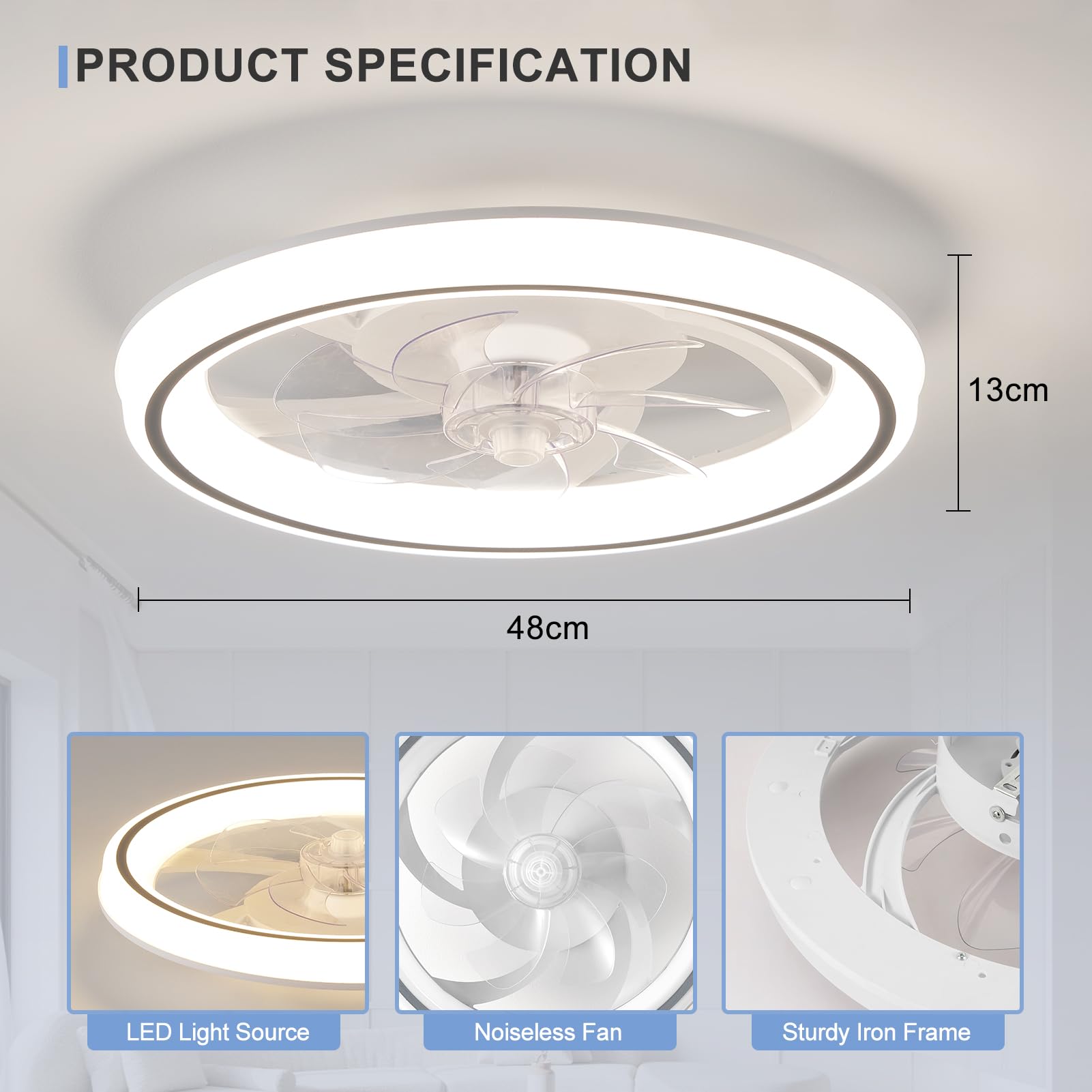 HARPER LIVING Wentylator sufitowy, 48 cm, światło i pilot zdalnego sterowania, 50 W 4000 lm, 3-kolorowa ściemniana dioda LED, 6 prędkości i timerem – wentylator o nowoczesnym i bardzo cichym świetle