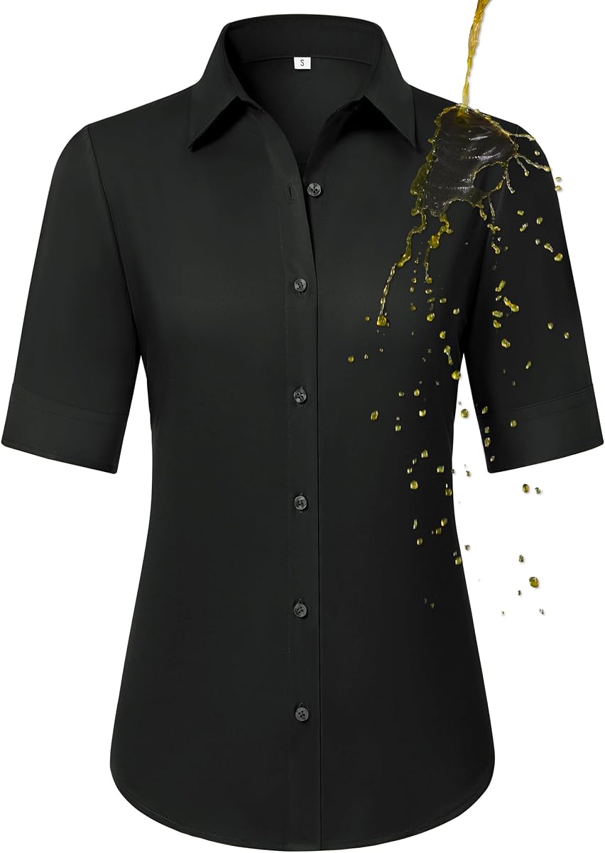 Camisa de manga corta con botones para mujer Gleeivy Escudo antimanchas sin arrugas | Diseño con cuello, silueta ajustada, ropa de trabajo pulida, trajes de oficina, reuniones, viajes de negocios y entrevistas