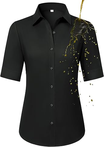 Gleeivy Womens Short Sleeve Button Up Shirt Collared Fitted Wrinkle Free Blouse Stain Shield Professional Business Top