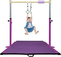 Vista 1 de Adjustable Gymnastics Bar for Kids with Mat - Sturdy Kip Bar with Rings, Horizontal Bar for Home Training, 3'-5' Height, Ages 3-15, 250 LBS