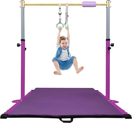 Adjustable Gymnastics Bar for Kids with Mat - Sturdy Kip Bar with Rings, Horizontal Bar for Home Training, 3'-5' Height, Ages 3-15, 250 LBS